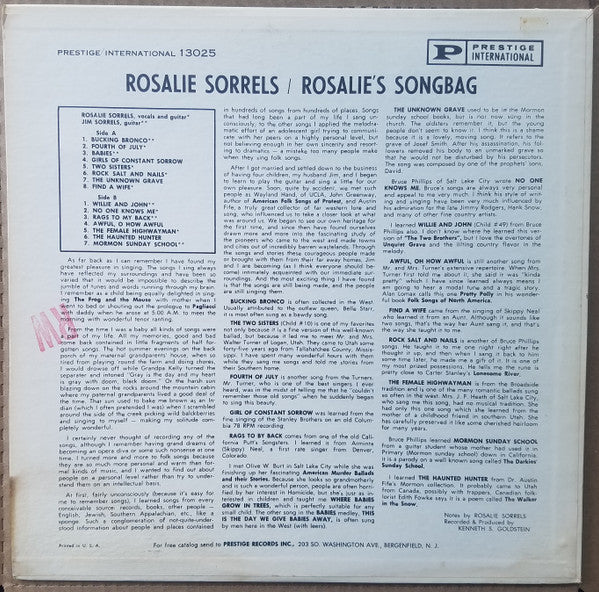 Rosalie Sorrels : Rosalie's Songbag (LP, Album, Mono)