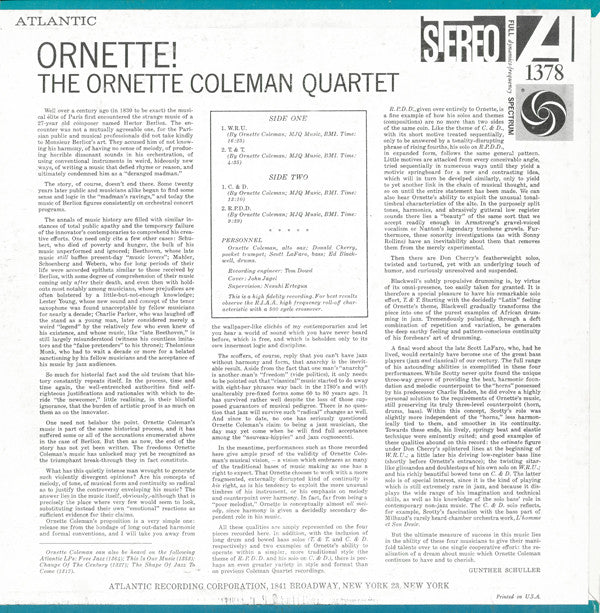 The Ornette Coleman Quartet : Ornette! (LP, Album, RE)