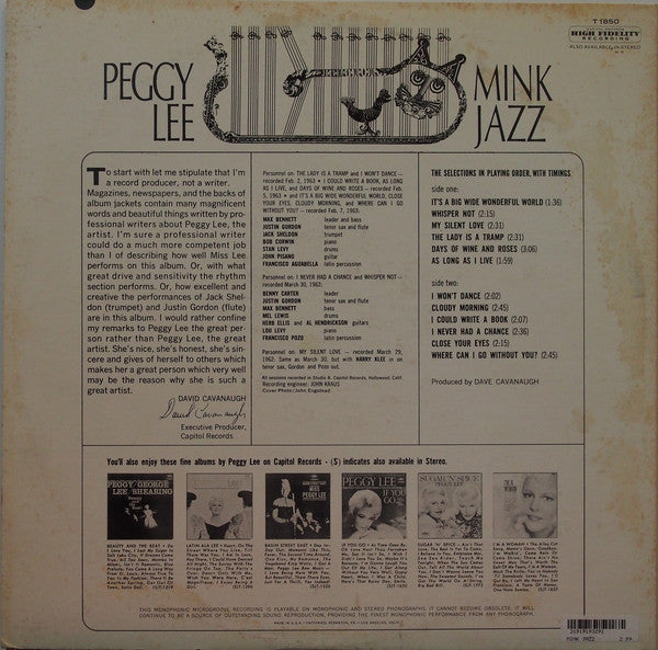 Peggy Lee : Mink Jazz (LP, Album, Mono, Scr)