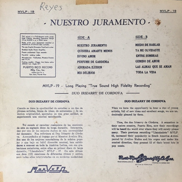Duo Irizarry De Cordova : Nuestro Juramento (LP, Album)
