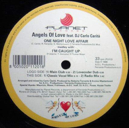 Angels Of Love Feat DJ Carlo Carità* : One Night Love Affair (Medley With I'm Caught Up) (12")