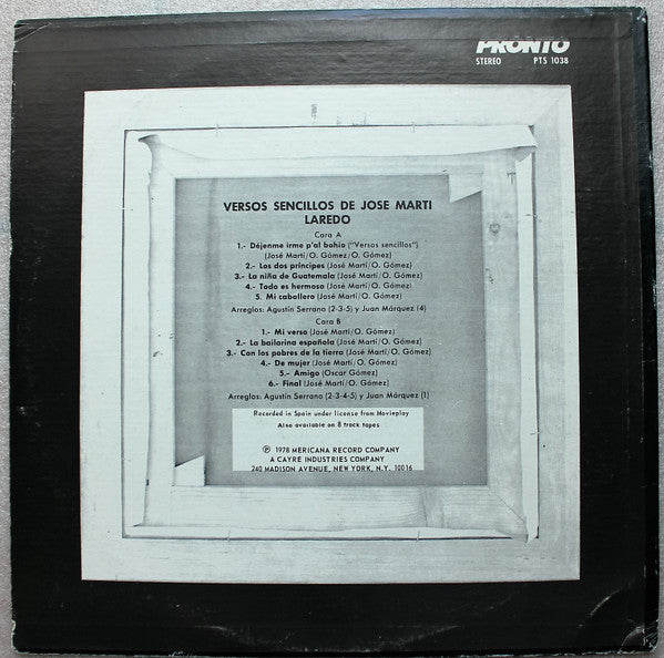Laredo (3) : Versos Sencillos De José Martí (LP, Album, RE,  )