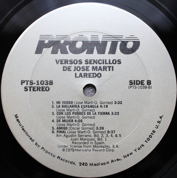 Laredo (3) : Versos Sencillos De José Martí (LP, Album, RE,  )